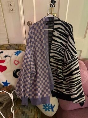 Dressed in LALA Two-Tone Lavender Check & Black-White Zebra Cardigan